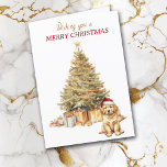 Gold Tree Golden Retriever Puppy Christmas Kaart<br><div class="desc">Op de voorzijde van deze kerstkaart draagt een schattige Golden Retriever pup een rood-witte kerstmuts en zit voor een kerstboom. De boom is gedecoreerd in goud, en bijpassende geschenkpakketten liggen eronder. In de rode en gouden tekst staat: "Ik wens u een vrolijk kerstfeest". In tekstvelden die u kunt aanpassen aan...</div>