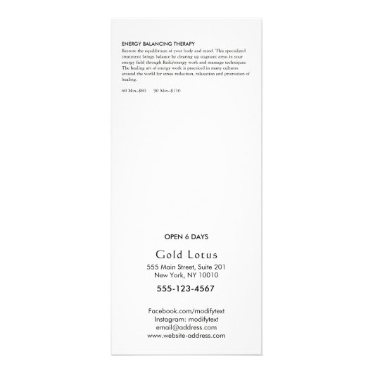 Gold Tree Massage Therapeut Service Spa Menu (Achterkant)