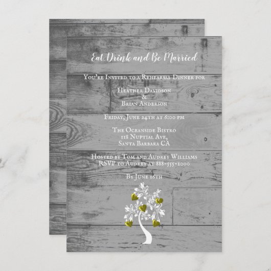 Gold Tree of Hearts Wedding Rehearsal Dinner Kaart (Voorkant / Achterkant)