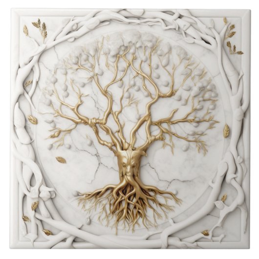 Gold tree of life 3D illustratie op White marble Tegeltje (Voorkant)
