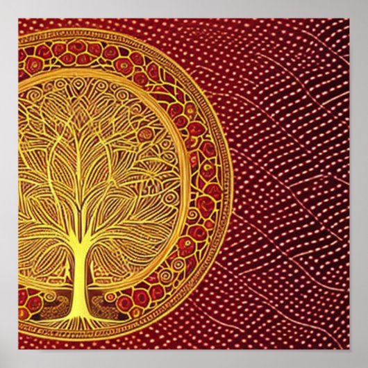 Gold Tree of Life op rode achtergrond Poster (Voorkant)
