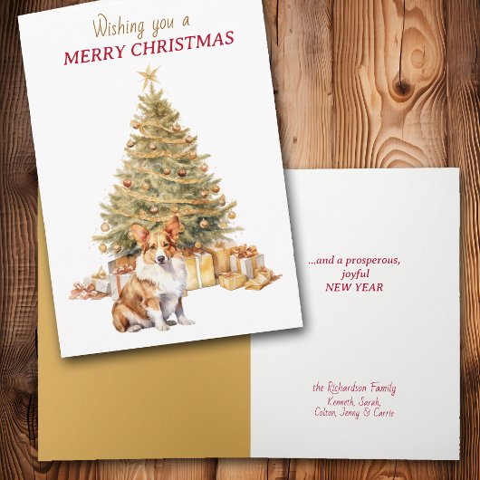 Gold Tree Pembroke Welsh Corgi Dog Christmas Card Feestdagen Kaart