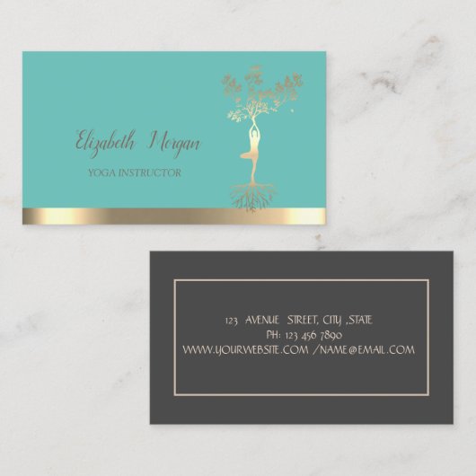 Gold Tree Silhouette, Mint Green Yoga Instructor Visitekaartje (Voorkant / Achterkant)