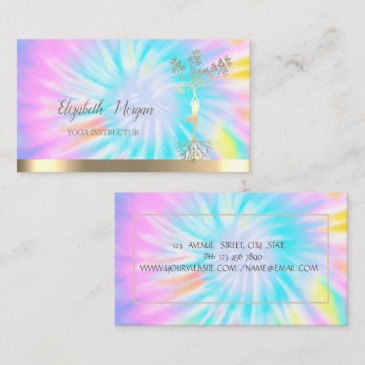 Gold Tree Silhouette, Yoga Instructor Tie Dye Visitekaartje (Voorkant / Achterkant)