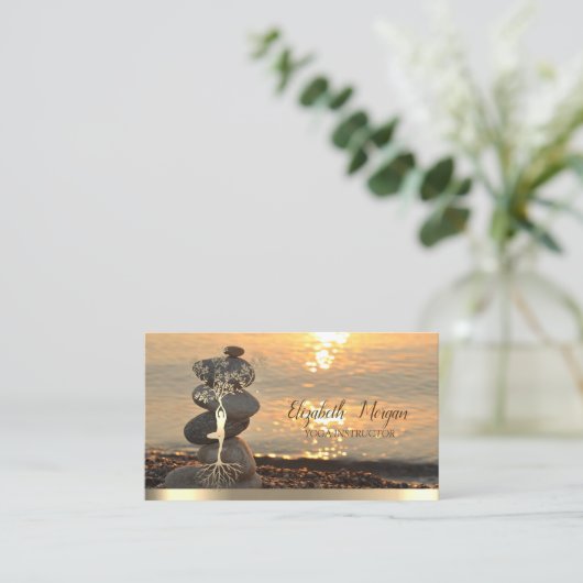 Gold Tree Women Silhouette, Zen Stones Sunset Beac Visitekaartje (Staand voorkant)