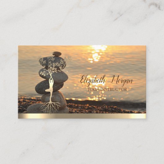 Gold Tree Women Silhouette, Zen Stones Sunset Beac Visitekaartje (Voorkant)