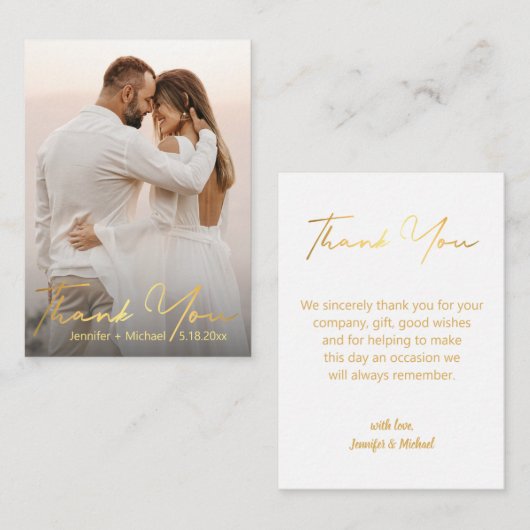 Gold Trendy Script Trouwfoto Dank u Notitiekaartje (Voorkant / Achterkant)