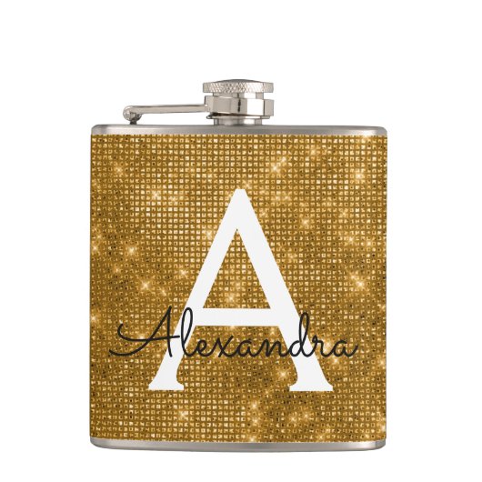 Gold Trendy Sparkle Monogram Initiaal Heupfles (Voorkant)