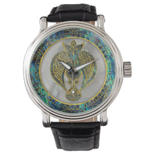 Gold Tribal Bird op Abalone Horloge