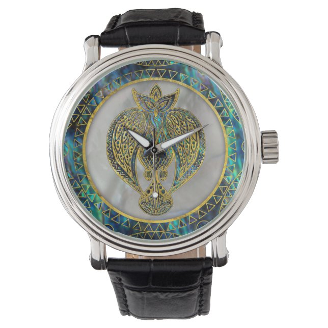 Gold Tribal Bird op Abalone Horloge (Voorkant)