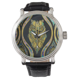 Gold Tribal Owl op Boho Abalone Pattern Horloge