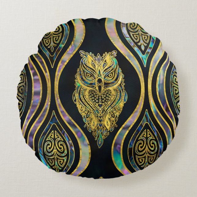 Gold Tribal Owl op Boho Abalone Pattern Rond Kussen (Voorkant)