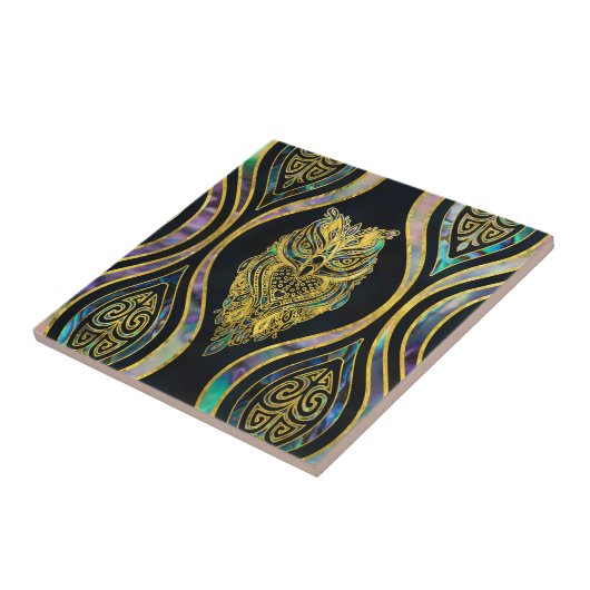 Gold Tribal Owl op Boho Abalone Pattern Tegeltje (Zijkant)