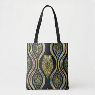 Gold Tribal Owl op Boho Abalone Pattern Tote Bag