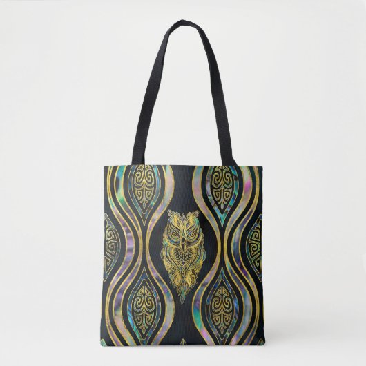 Gold Tribal Owl op Boho Abalone Pattern Tote Bag (Voorkant)