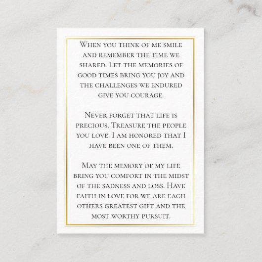 Gold Trim Celebration of Life Prayer Kaarten Visitekaartje (Achterkant)