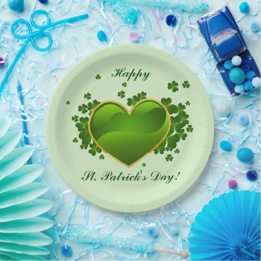 Gold-trimmed Green Heart met Shamrocks Papieren Bordje (Feest)