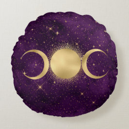 Gold Triple Moon Celestial Stars Paars Rond Kussen