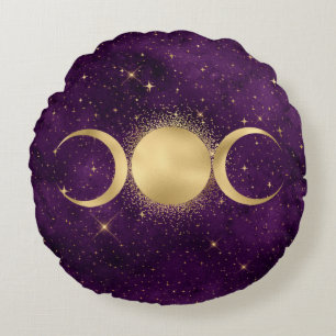 Gold Triple Moon Celestial Stars Paars Rond Kussen