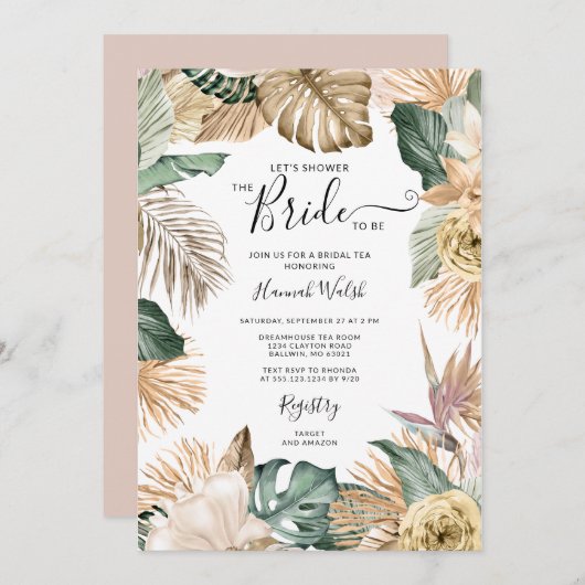 Gold Tropical Blush Pink Bridal Tea Kaart (Voorkant / Achterkant)