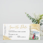 Gold Tropical Boarding Pass Pic Save the Date Aankondiging (Staand voorkant)