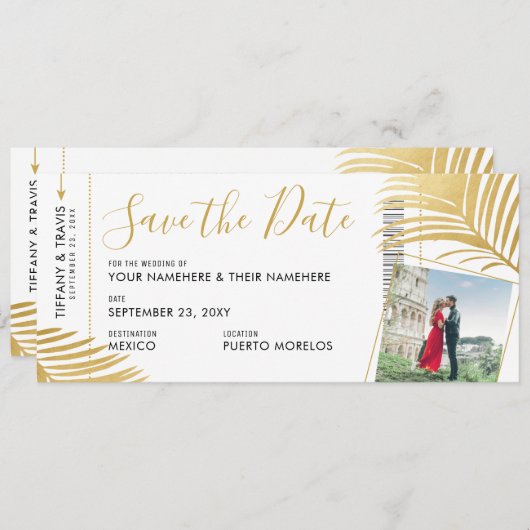 Gold Tropical Boarding Pass Pic Save the Date Aankondiging (Voorkant / Achterkant)