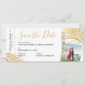 Gold Tropical Boarding Pass Pic Save the Date Aankondiging (Voorkant)