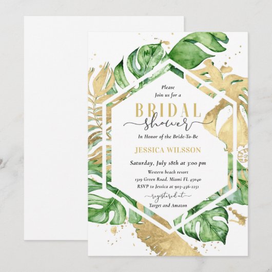 Gold Tropical Bridal Shower-uitnodiging Kaart (Voorkant / Achterkant)