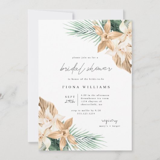 Gold Tropical Flower Bridal Shower-uitnodiging Kaart (Voorkant)