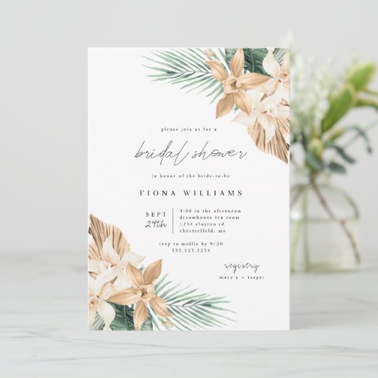 Gold Tropical Flower Bridal Shower-uitnodiging Kaart (Staand voorkant)