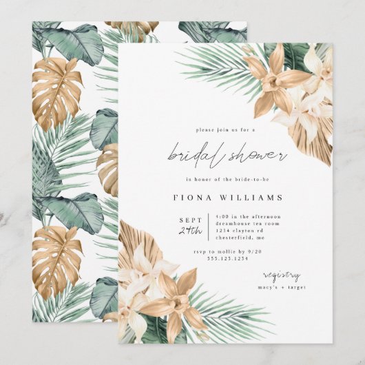 Gold Tropical Flower Bridal Shower-uitnodiging Kaart (Voorkant / Achterkant)