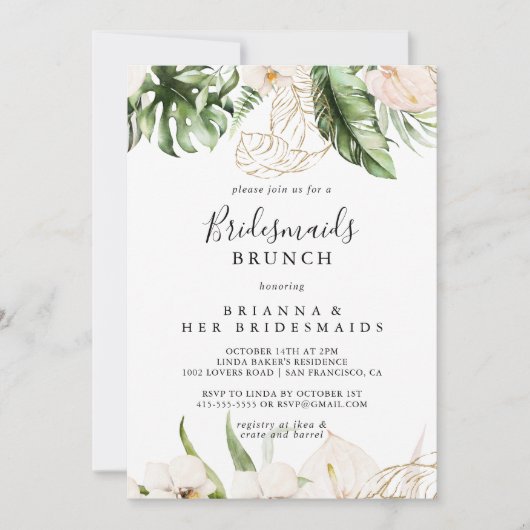 Gold Tropical Foliage Bridesmaids Brunch Shower Kaart (Voorkant)