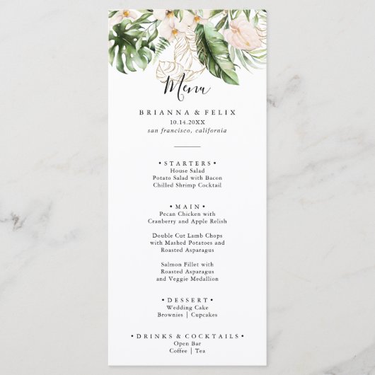 Gold Tropical Foliage Floral Dinner Menu (Voorkant)