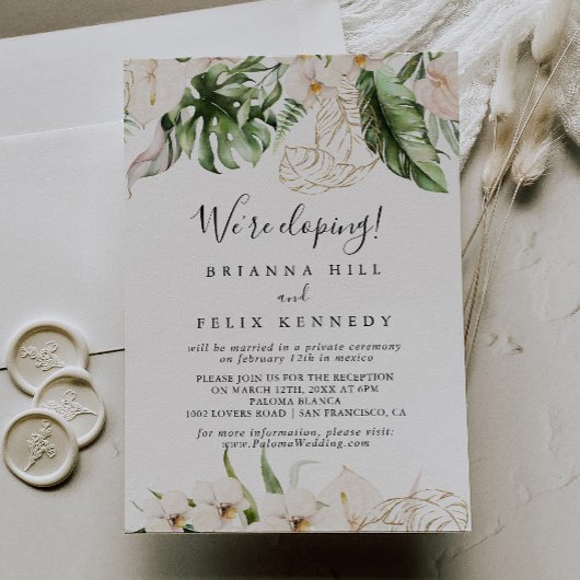 Gold Tropical Foliage Floral Elopement Reception Kaart