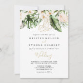 Gold Tropical Foliage Floral Front & Back Wedding Kaart (Voorkant)