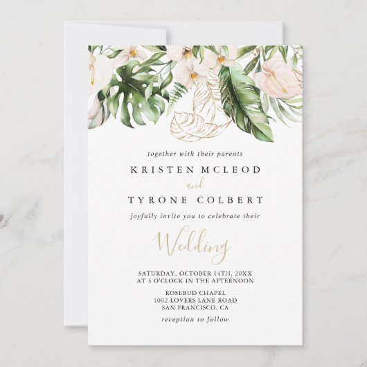Gold Tropical Foliage Floral Front & Back Wedding Kaart (Voorkant)