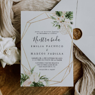 Gold Tropical Foliage Floral Nuestra Boda Wedding Kaart