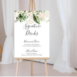 Gold Tropical Foliage Floral Signature Drink Sign Poster<br><div class="desc">Dit gouden tropische foliage florale drink-bord is perfect voor een ritueel. Het ontwerp is voorzien van met de hand geschilderde waterverf goud en tropische groene bladeren met elegante bloemen. Pas het teken aan met de namen van de bruid en de bruidegom en hun favoriete keuze voor de drink.</div>