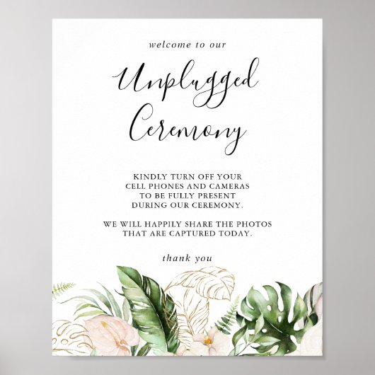 Gold Tropical Foliage Floral Unplugged Ceremony Poster (Voorkant)