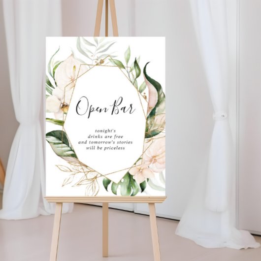 Gold Tropical Foliage Floral Wedal Open Bar Sign Poster