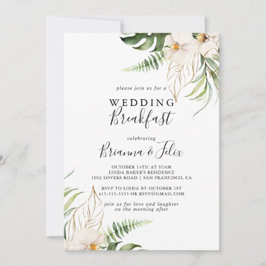 Gold Tropical Foliage Floral Weddenschap Breakfast Kaart (Voorkant)