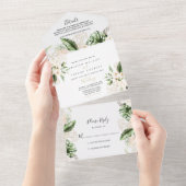 Gold Tropical Foliage Floral Wedding All In One Uitnodiging (Afscheurbaar)