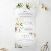 Gold Tropical Foliage Floral Wedding Drieluik Uitnodiging (Binnen)