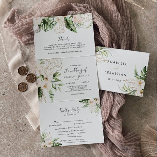 Gold Tropical Foliage Floral Wedding Drieluik Uitnodiging