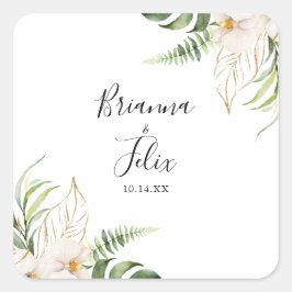 Gold Tropical Foliage Floral Wedding Envelope Seal Vierkante Sticker