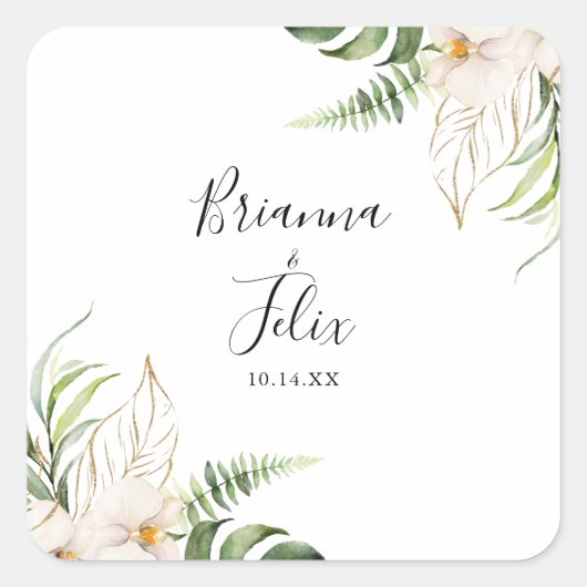Gold Tropical Foliage Floral Wedding Envelope Seal Vierkante Sticker (Voorkant)