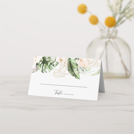 Gold Tropical Foliage Floral Wedding Plaatskaartje (Voorkant)