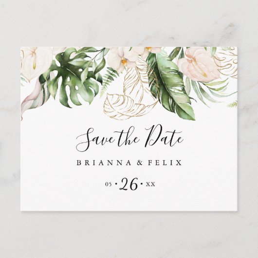 Gold Tropical Foliage Horizontal Save the Date Briefkaart (Voorkant)