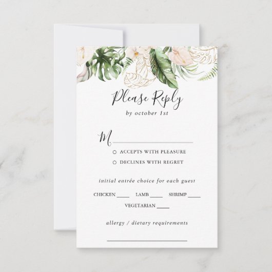 Gold Tropical Foliage Wedding Menu Keuze RSVP (Voorkant)