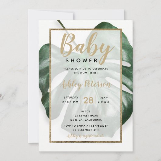 Gold tropical green monstera leaf baby shower kaart (Voorkant)